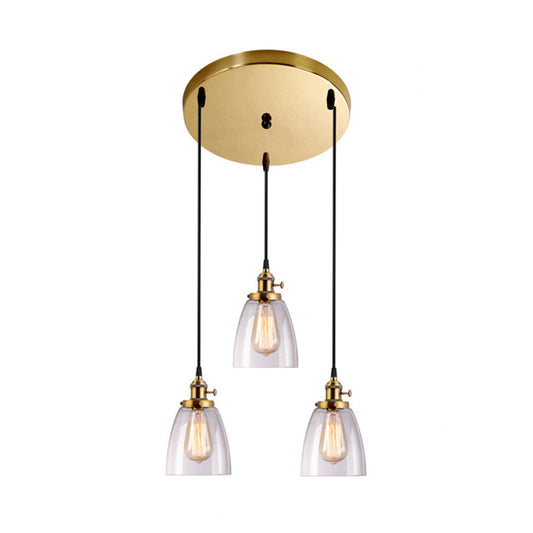 Industrial Glass Pendant Lights For Bar - 3 Tapered Pendants On Hanging Cord Brass / Round