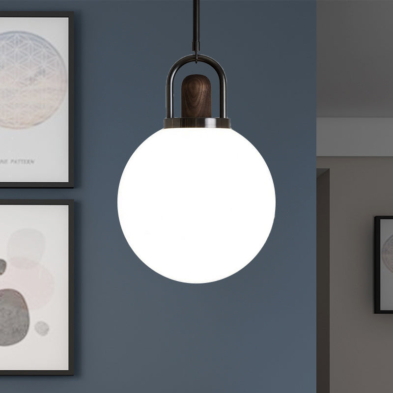 Suspension moderne en verre blanc avec capuchon en bois - Luminaire noir à 1 tête - Disponible en largeur de 6"/10"/14"