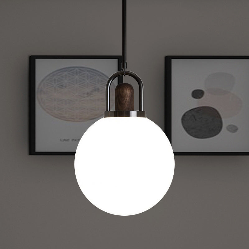 Suspension moderne en verre blanc avec capuchon en bois - Luminaire noir à 1 tête - Disponible en largeur de 6"/10"/14"