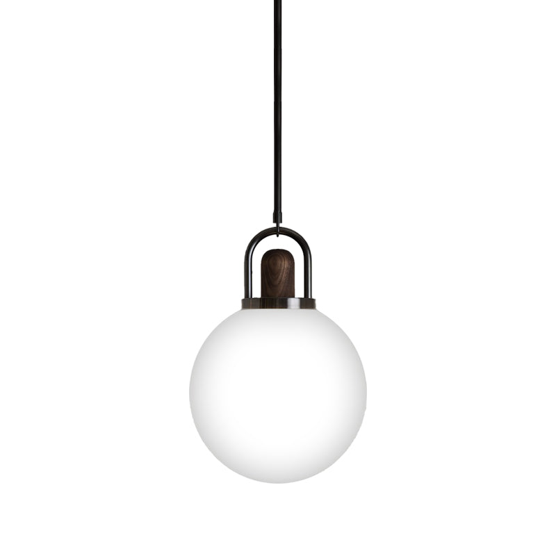 Suspension moderne en verre blanc avec capuchon en bois - Luminaire noir à 1 tête - Disponible en largeur de 6"/10"/14"