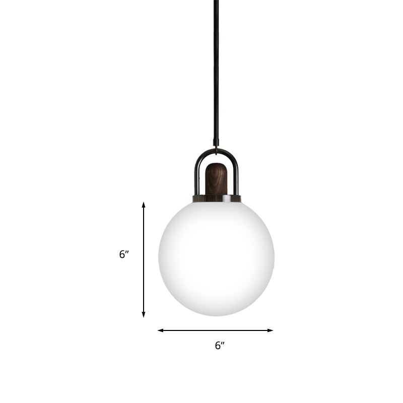 Suspension moderne en verre blanc avec capuchon en bois - Luminaire noir à 1 tête - Disponible en largeur de 6"/10"/14"
