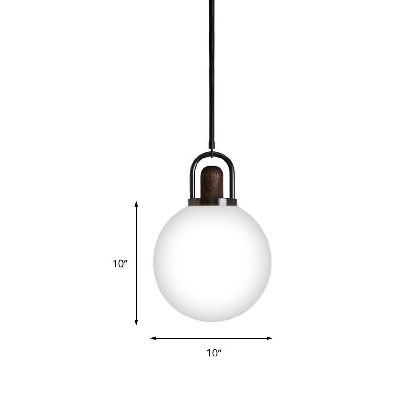 Suspension moderne en verre blanc avec capuchon en bois - Luminaire noir à 1 tête - Disponible en largeur de 6"/10"/14"
