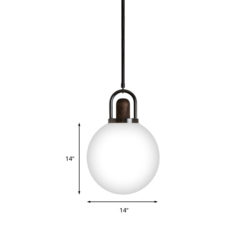 Suspension moderne en verre blanc avec capuchon en bois - Luminaire noir à 1 tête - Disponible en largeur de 6"/10"/14"