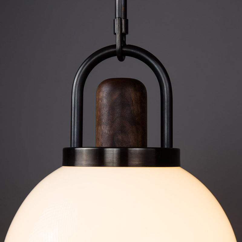 Suspension moderne en verre blanc avec capuchon en bois - Luminaire noir à 1 tête - Disponible en largeur de 6"/10"/14"