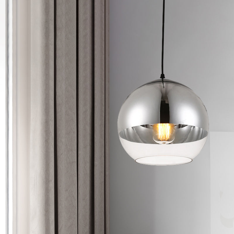 Vintage Silver and Clear Glass Globe Pendant Light for Bedroom - 1 Head Hanging Lamp in 3 Width Sizes