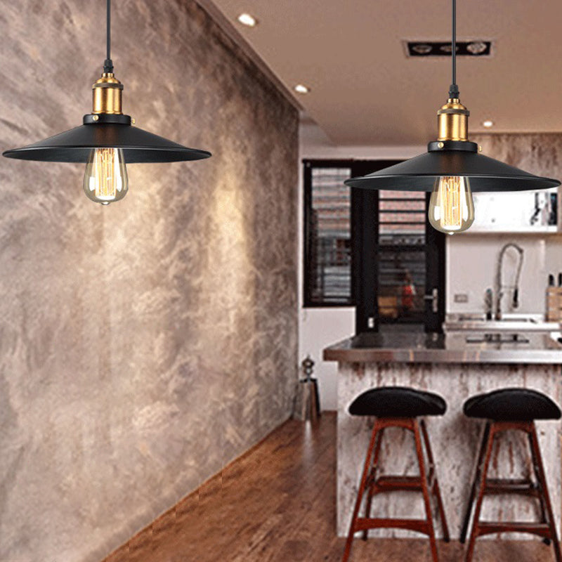 Industrial Style Black Vintage Hanging Light Fixture With Metal Saucer Shade And Brass Lamp Socket -