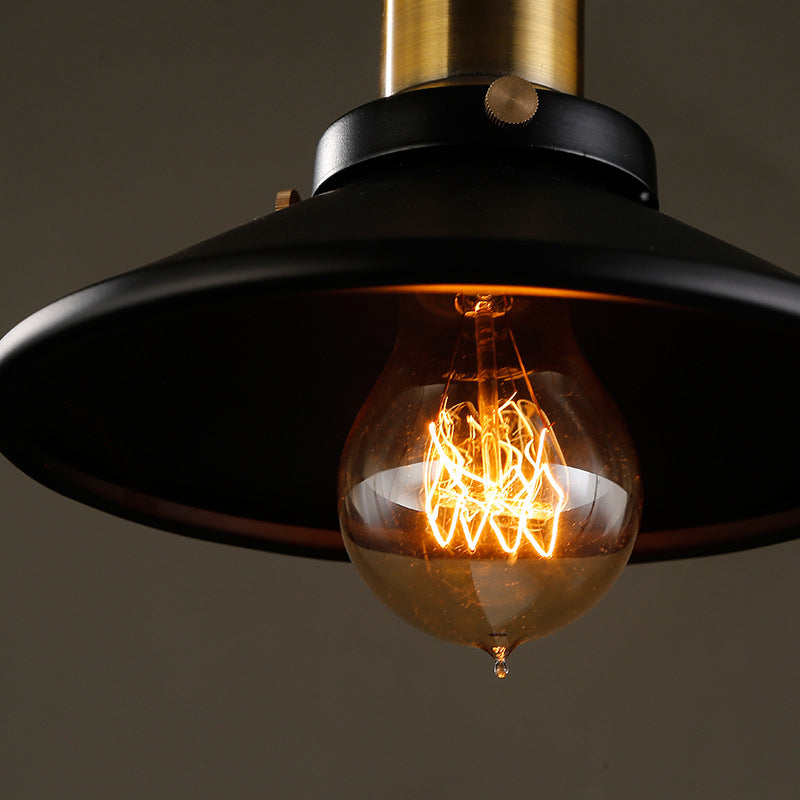 Industrial Style Black Vintage Hanging Light Fixture With Metal Saucer Shade And Brass Lamp Socket -