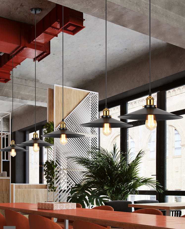 Industrial Style Black Vintage Hanging Light Fixture With Metal Saucer Shade And Brass Lamp Socket -