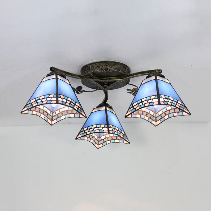 Retro Style Geometric Stained Glass Ceiling Light Fixture - 3 Lights with Wire Mesh and Elegant Patterns