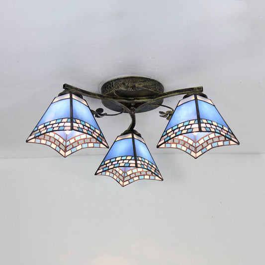Retro Style Geometric Stained Glass Ceiling Light Fixture - 3 Lights with Wire Mesh and Elegant Patterns