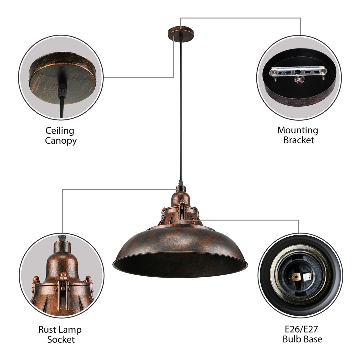 Vintage Industrial Metallic Bowl Shade Ceiling Light - Black/Rust Finish For Study Room