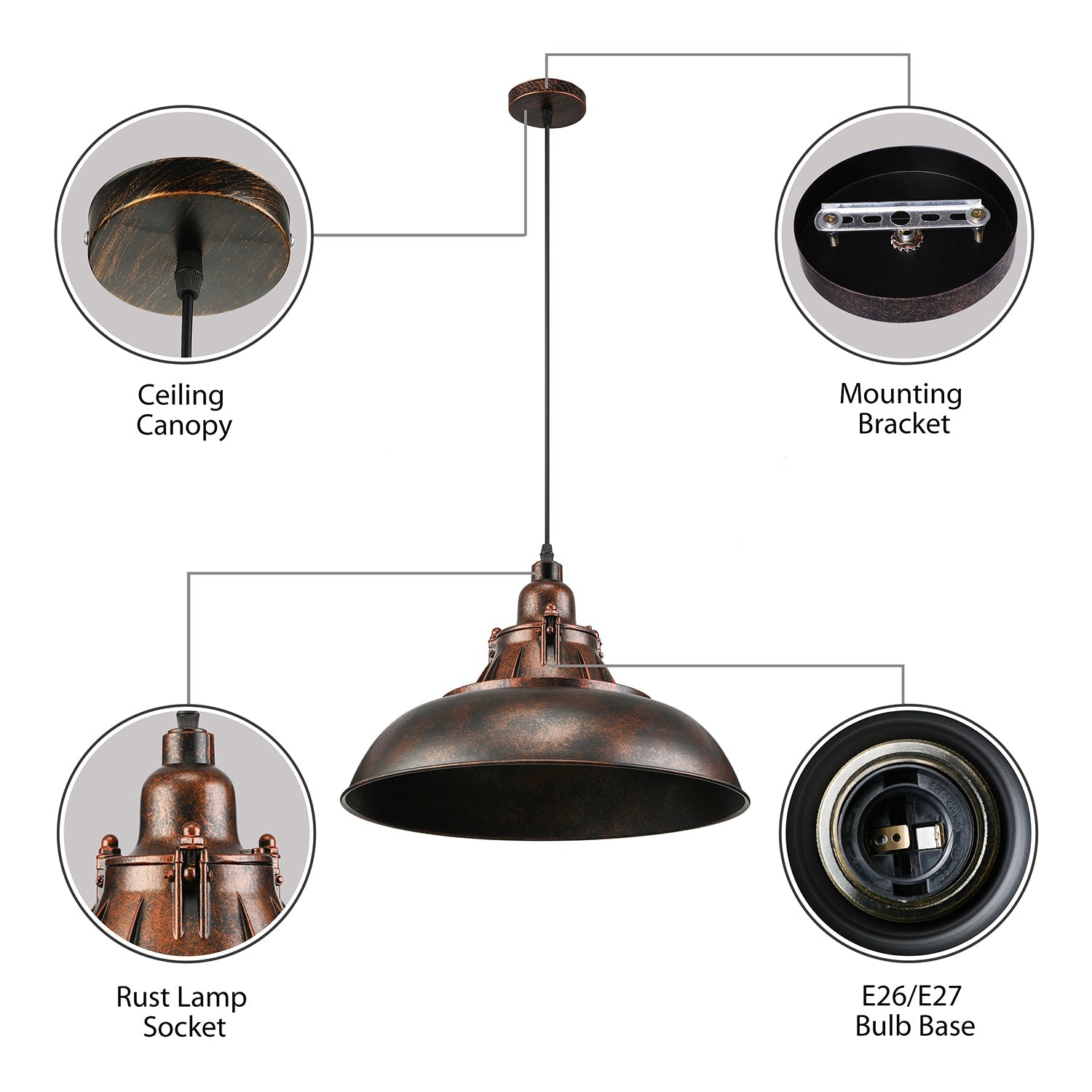 Vintage Industrial Metallic Bowl Shade Ceiling Light - Black/Rust Finish For Study Room