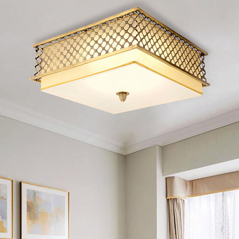 Traditional Square Metal Flushmount Lighting in Brass for Bedroom - 5 Lights, 16"/19.5" Wide