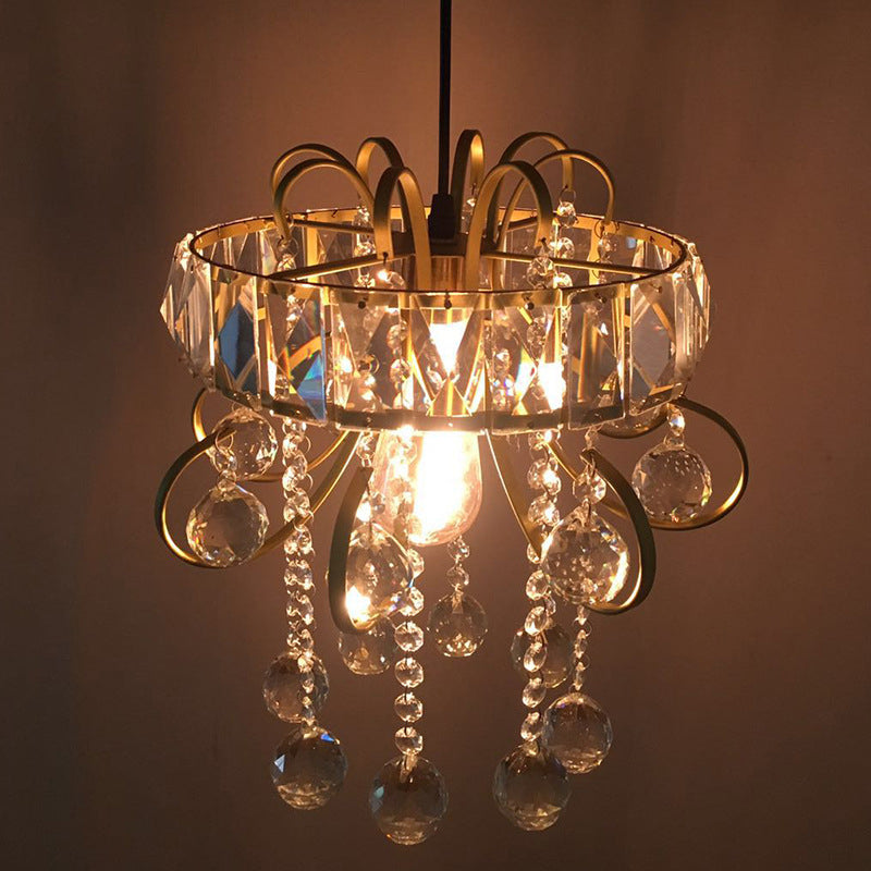 Mini Circular Suspension Pendant Light With Crystal Droplet - Gold Iron Frame 1 Bulb Ceiling Fixture