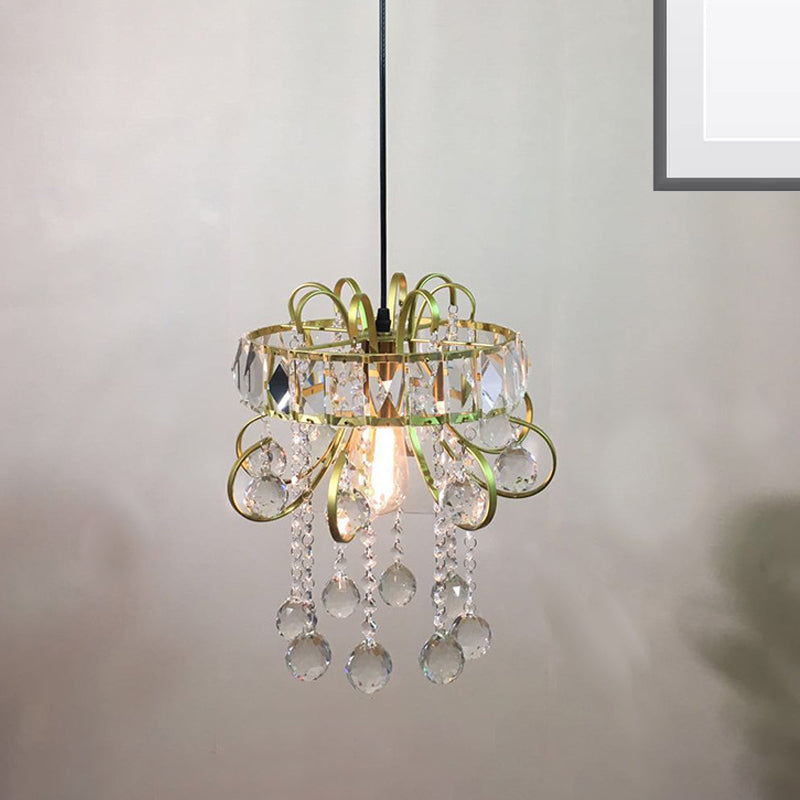 Mini Circular Suspension Pendant Light With Crystal Droplet - Gold Iron Frame 1 Bulb Ceiling Fixture