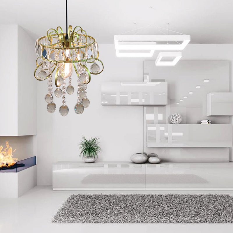 Mini Circular Suspension Pendant Light With Crystal Droplet - Gold Iron Frame 1 Bulb Ceiling Fixture