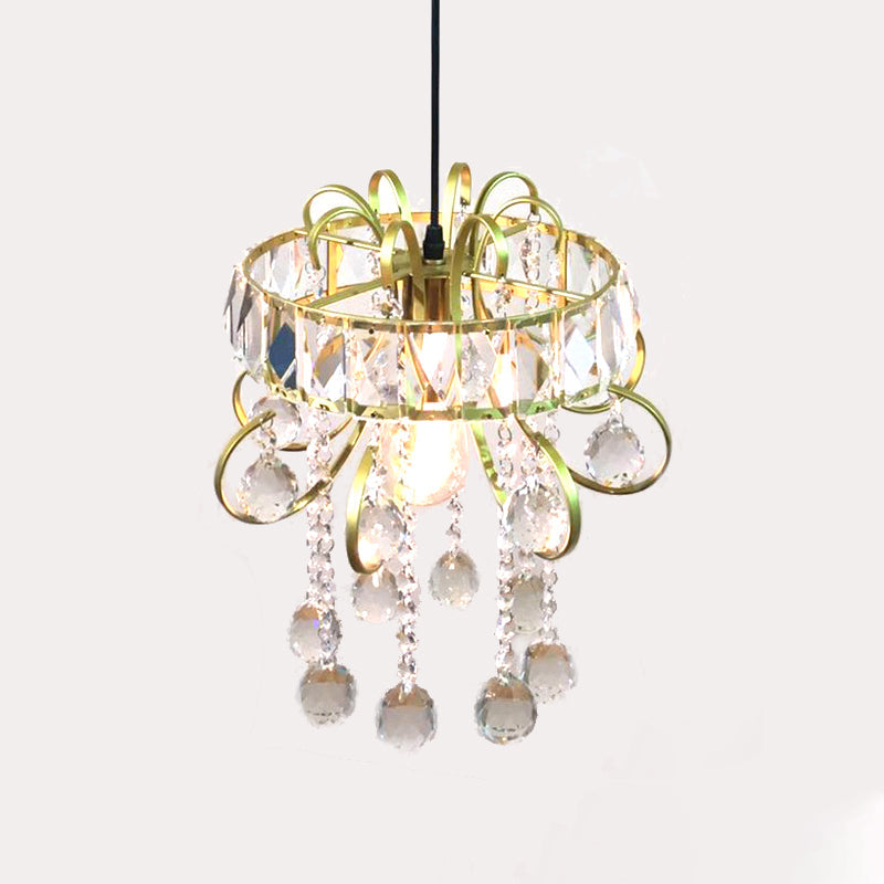 Simple Iron Frame Mini Pendant Light with Crystal Droplet - Gold Ceiling Fixture