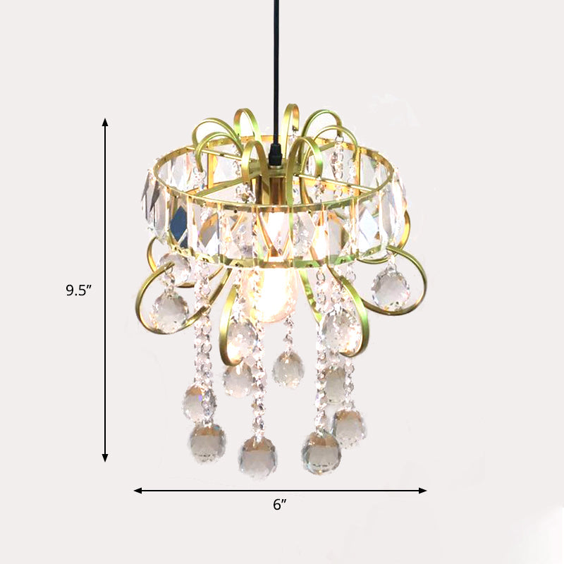 Mini Circular Suspension Pendant Light With Crystal Droplet - Gold Iron Frame 1 Bulb Ceiling Fixture