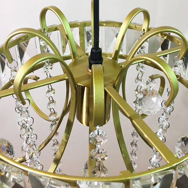 Mini Circular Suspension Pendant Light With Crystal Droplet - Gold Iron Frame 1 Bulb Ceiling Fixture