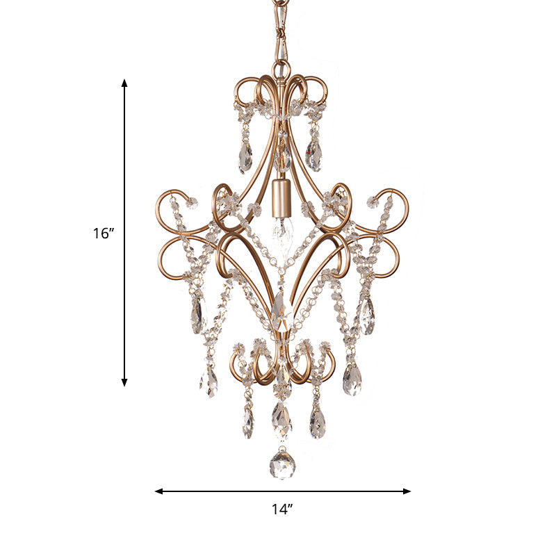 French Curvy Armed Ceiling Lamp with Crystal Draping in Gold - Metal Pendant