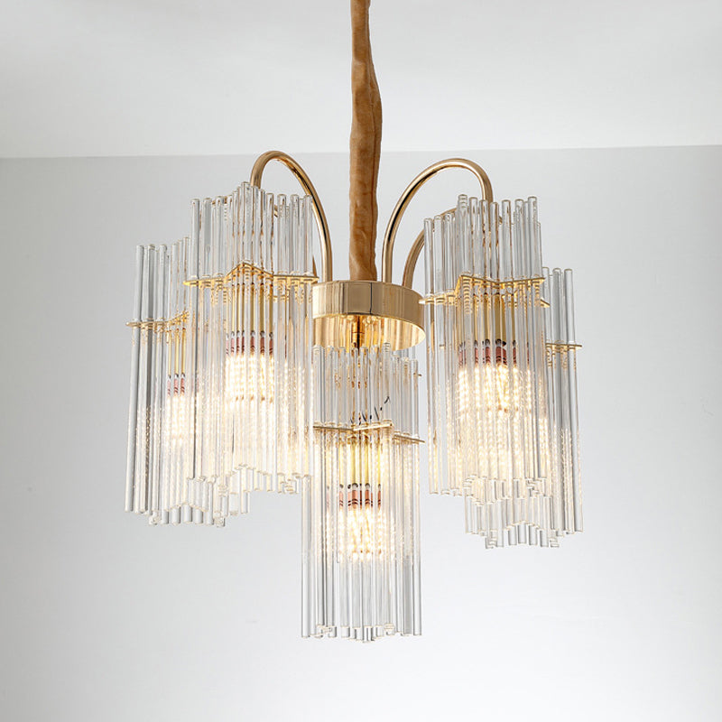 Modern Gold Tiered Cylinder Crystal Chandelier: 6-Head Dining Room Pendant