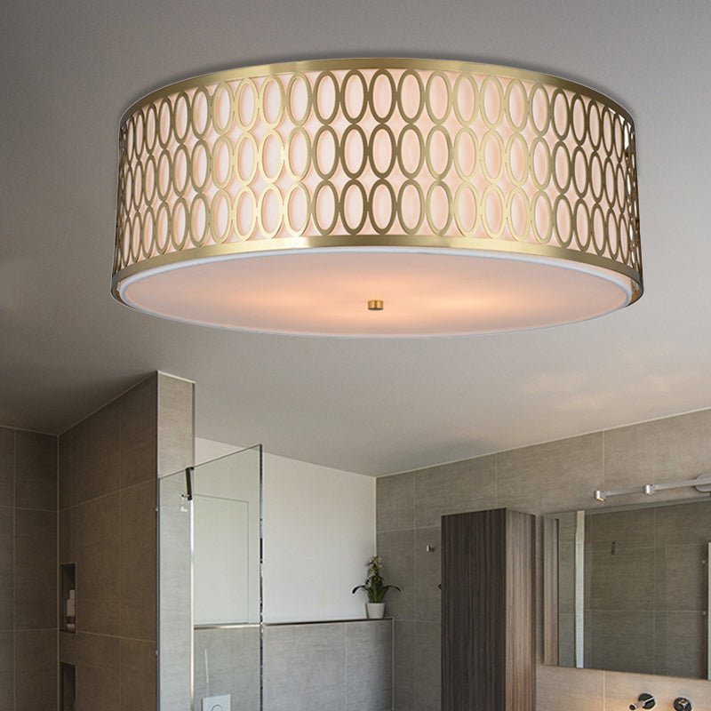 Traditional White Round Ceiling Mounted Lamp with Gold Metal Mesh Frame - 4-Light Fabric Flush Light, Sizes 16", 19.5", 23.5" Dia