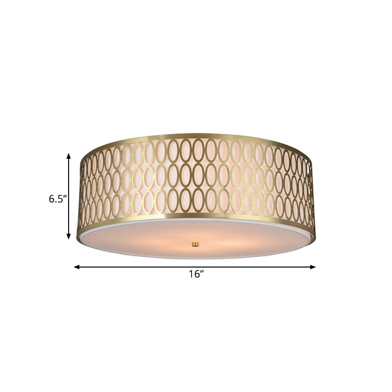 Traditional White Round Ceiling Mounted Lamp with Gold Metal Mesh Frame - 4-Light Fabric Flush Light, Sizes 16", 19.5", 23.5" Dia