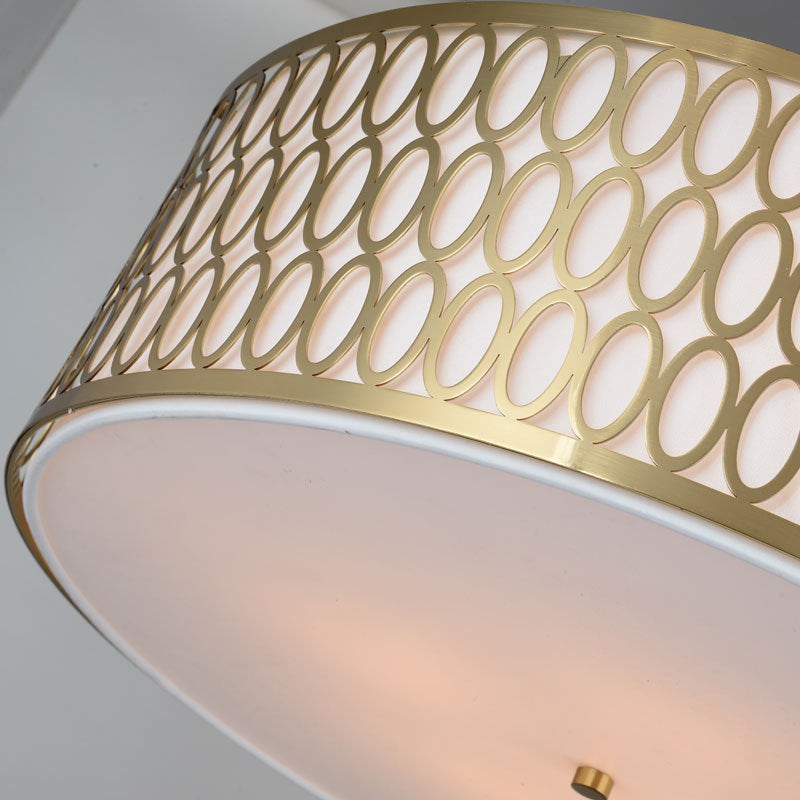 Traditional White Round Ceiling Mounted Lamp with Gold Metal Mesh Frame - 4-Light Fabric Flush Light, Sizes 16", 19.5", 23.5" Dia