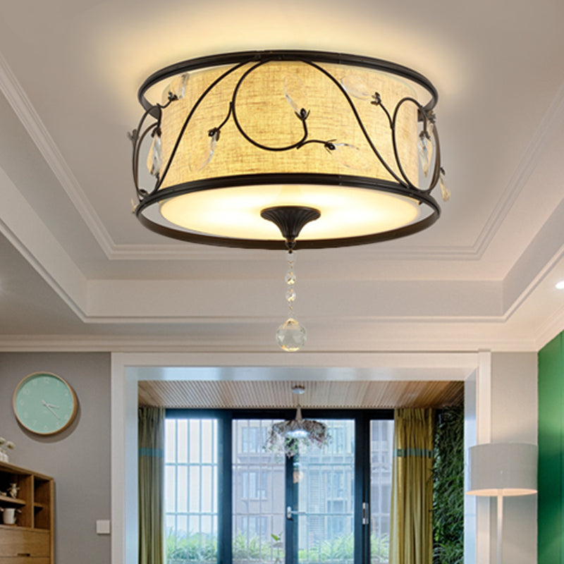 Plafonnier encastré vintage - Fer noir/doré, forme de tambour, 4/5 lumières - 16" ou 19,5" de diamètre
