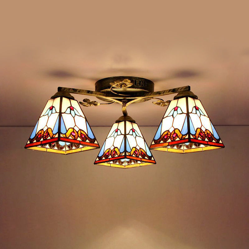 Vintage Stained Glass Ceiling Light - Conic Flushmount with Art Pattern, 3 Lights