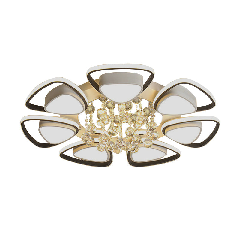 Plafonnier LED contemporain avec pétales en métal, drapé en cristal, design noir et blanc, lumière chaude/blanche