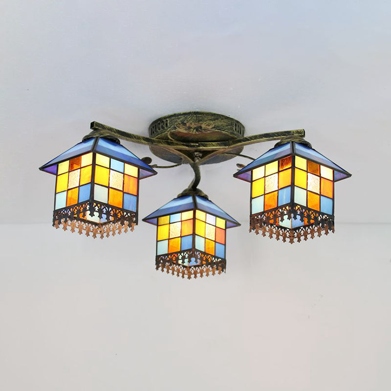 Tiffany Stained Glass Small House Ceiling Light - Blue/Clear, 3-Lights Flush Mount for Bedroom