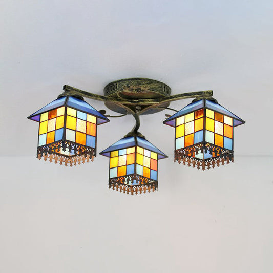 Tiffany Stained Glass Small House Ceiling Light - Blue/Clear, 3-Lights Flush Mount for Bedroom
