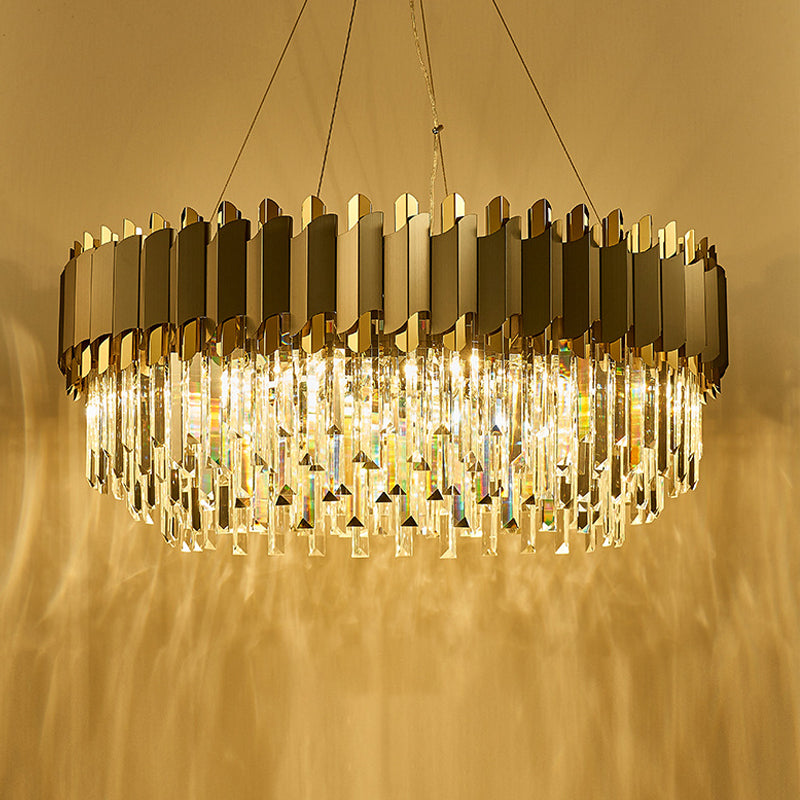 Contemporary Living Room Pendant Light - Grey Crystal Oblong Layered Chandelier (8/12-Light)