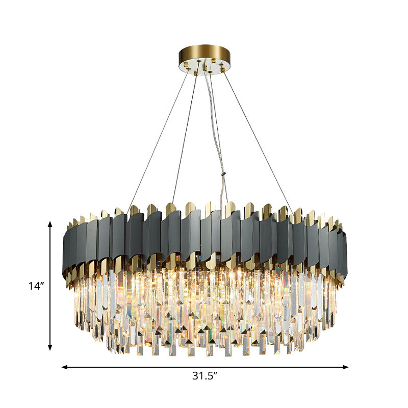 Contemporary Living Room Pendant Light - Grey Crystal Oblong Layered Chandelier (8/12-Light)