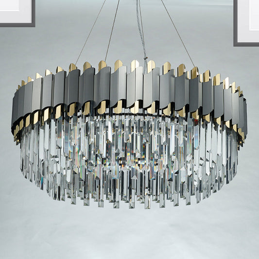 Contemporary Living Room Pendant Light - Grey Crystal Oblong Layered Chandelier (8/12-Light)