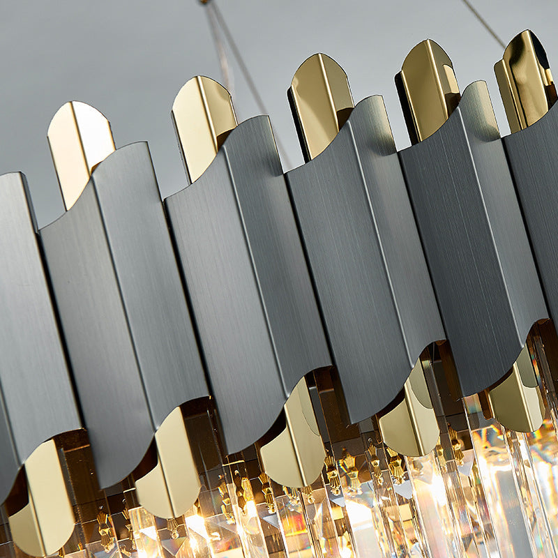Contemporary Living Room Pendant Light - Grey Crystal Oblong Layered Chandelier (8/12-Light)