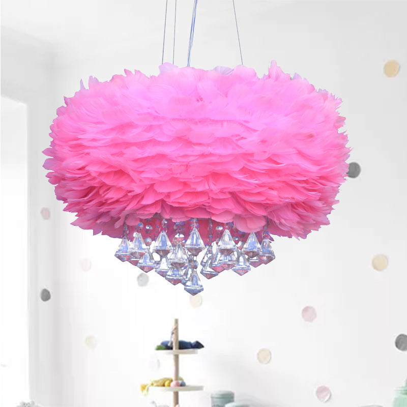 Feather Pendant Light - Modern Round Pink Ceiling Fixture With Crystal Drop 1 Bulb