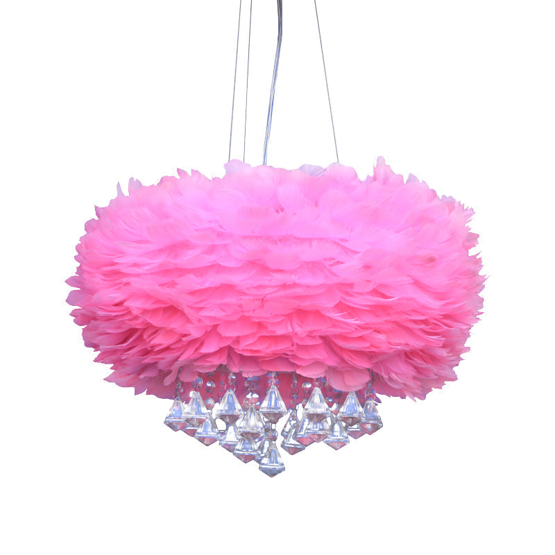 Feather Pendant Light - Modern Round Pink Ceiling Fixture With Crystal Drop 1 Bulb