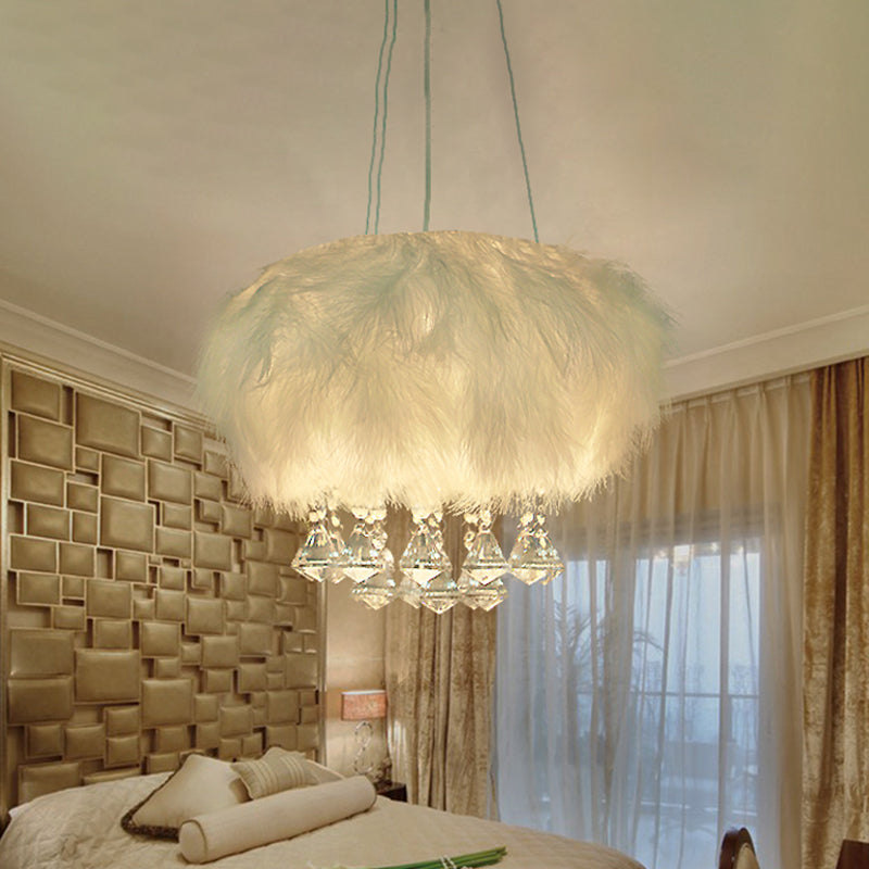 Minimal White Round Ceiling Lamp: Single Light Fluff Pendant with Crystal Droplet