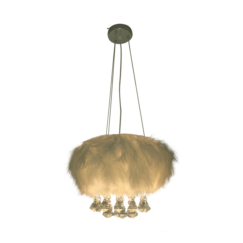 Minimal White Round Ceiling Lamp: Single Light Fluff Pendant with Crystal Droplet