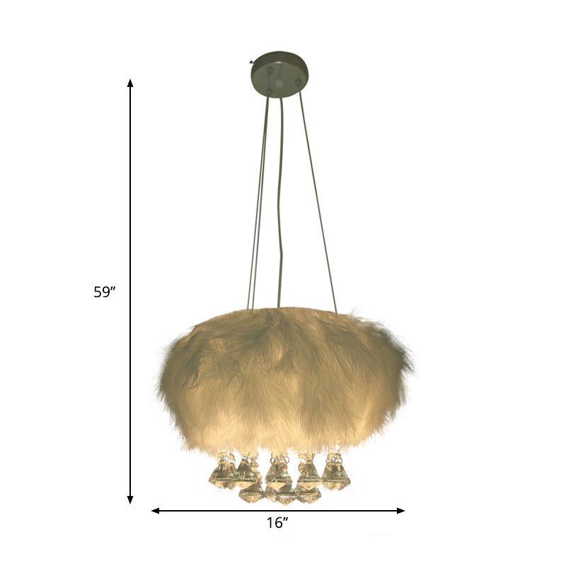 Minimal White Round Ceiling Lamp: Single Light Fluff Pendant with Crystal Droplet
