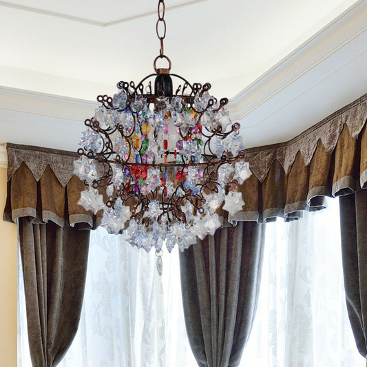 Vintage Cage Pendant Chandelier with Star Crystal Decoration in Aged Copper