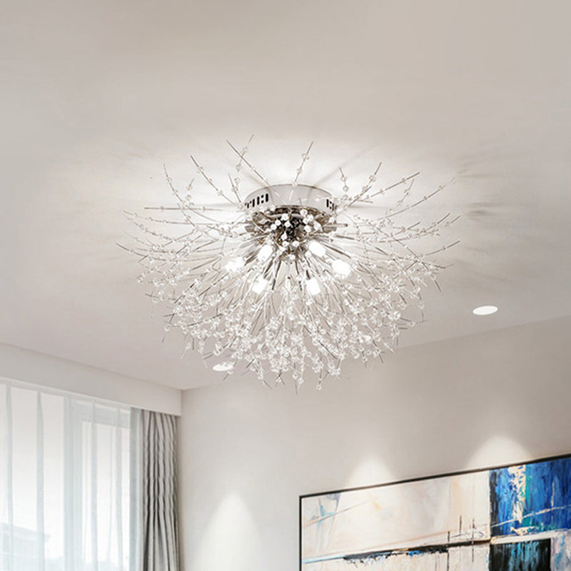 Contemporary Crystal Flush Mount Lamp - Silver/Gold, Warm Light - 6/8 Lights - Bedroom Ceiling Fixture - 23.5"/27.5" W