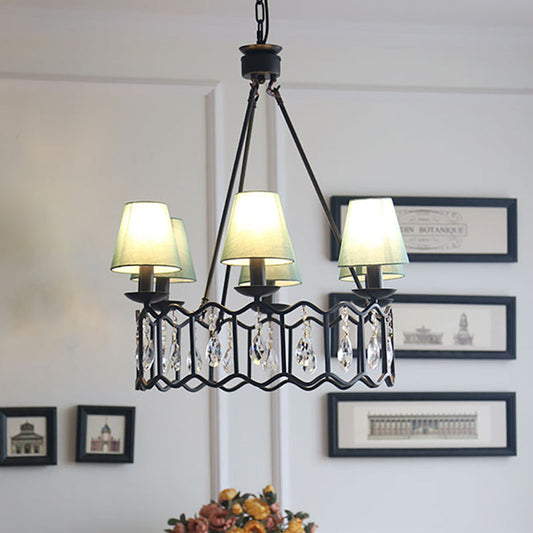 Contemporary Black Circular Pendant Chandelier with Cone Shade, Crystal Accent – 6 Lights, Ideal for Table Lighting