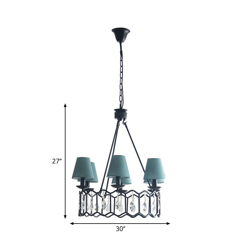 Contemporary Black Circular Pendant Chandelier with Cone Shade, Crystal Accent – 6 Lights, Ideal for Table Lighting