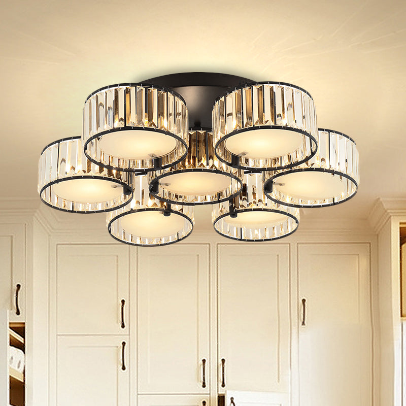 Modern Black Flush Mount Ceiling Light Fixture with Drum Crystal Shade - 3/5/6 Lights for Living Room