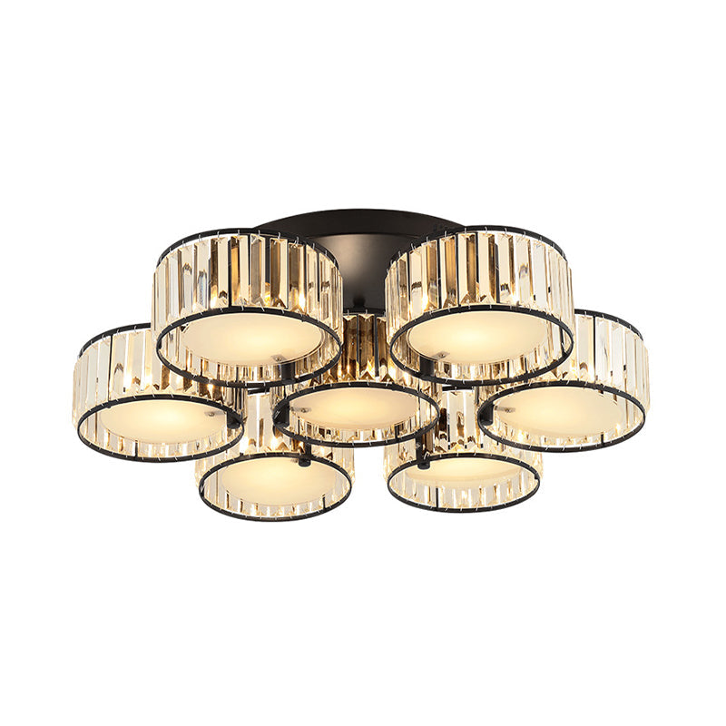Modern Black Flush Mount Ceiling Light Fixture with Drum Crystal Shade - 3/5/6 Lights for Living Room