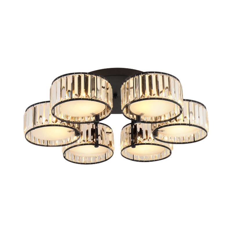 Modern Black Flush Mount Ceiling Light Fixture with Drum Crystal Shade - 3/5/6 Lights for Living Room