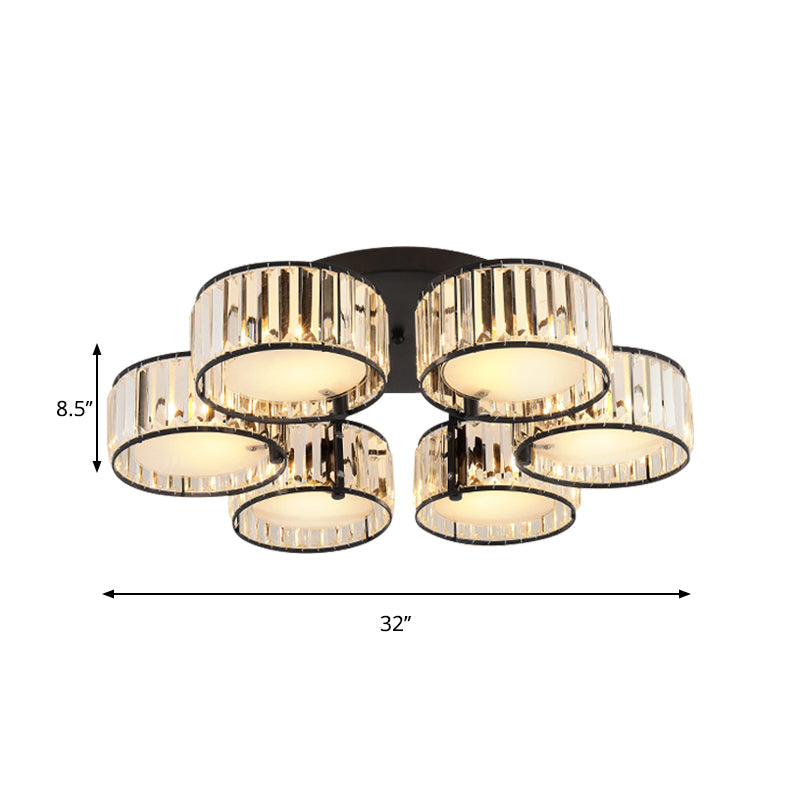 Modern Black Flush Mount Ceiling Light Fixture with Drum Crystal Shade - 3/5/6 Lights for Living Room